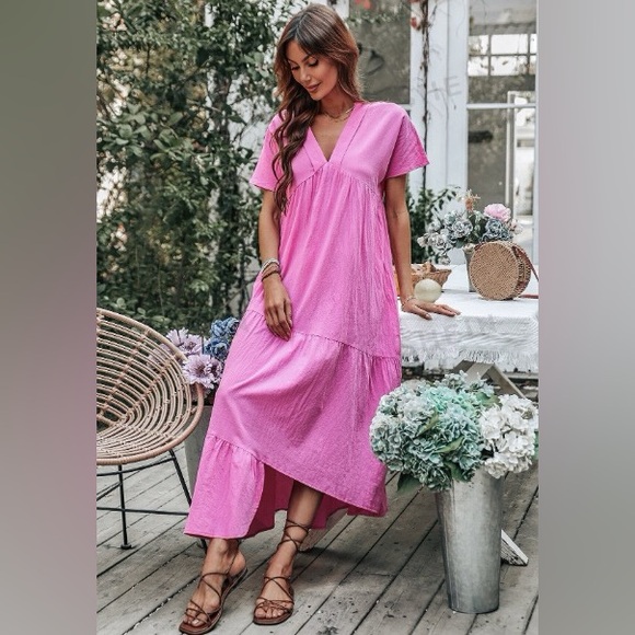 NWOT V Neck Asymmetrical Maxi Tiered Short Sleeve Lightweight Dress Pink - Picture 4 of 4